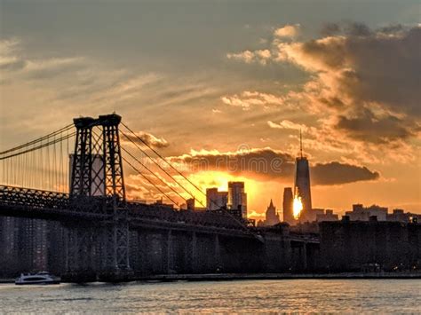 Sunset Over Manhattan and Brooklyn Bridge Stock Image - Image of bridge ...