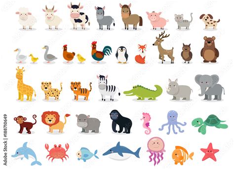 Cute animals collection: farm animals, wild animals, marina animals isolated on white background ...