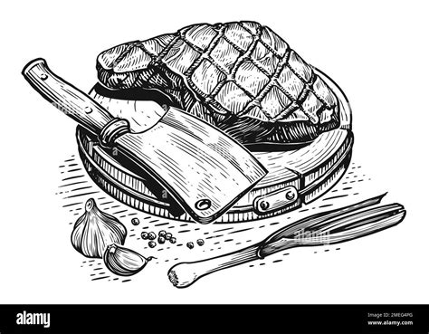 Grilled steak on wooden board with axe. Meat dish preparation. Sketch hand drawn illustration ...