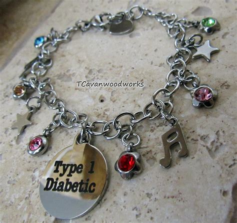 Type One Diabetic Bracelet with charms, all stainless steel non -tarnish. Adjustable length, dee ...