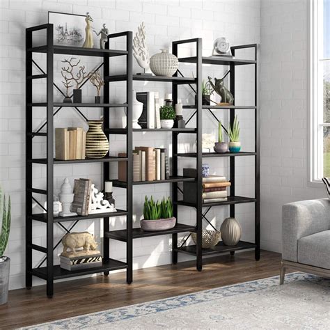 Tribesigns Industrial Large 5-Tier Bookshelves for Display and Storage, Modern Triple Wide 14 ...