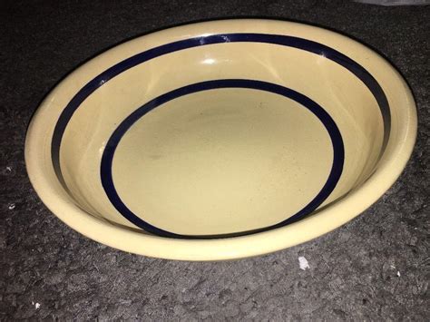 WATT Oven Ware SPAGHETTI Serving BOWL 13.5" With BLUE stripes on yellow ...