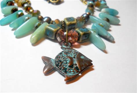 Unique Handmade artisan jewelry, beaded chain necklace, amazonite Hawaiian chip beads, Czech ...