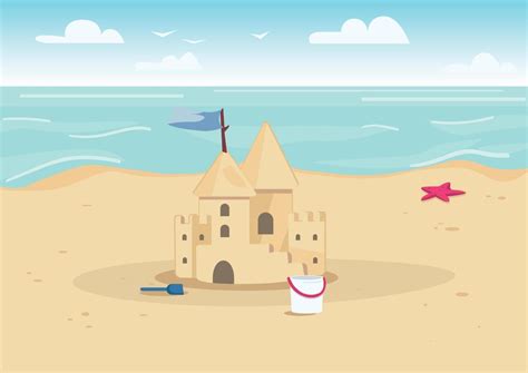 Sandcastle on beach flat color vector illustration. Summer vacation ...