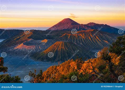 Volcanoes in Bromo Tengger Semeru National Park at Sunrise Stock Photo - Image of mystical, hike ...