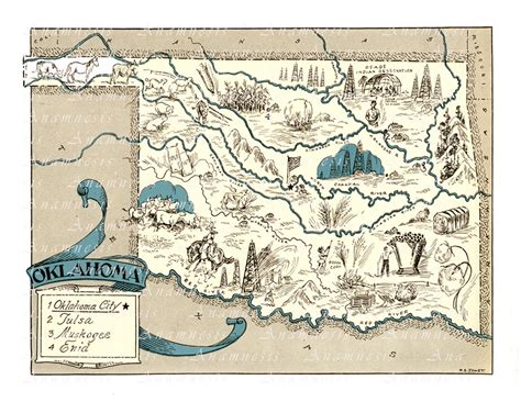 OKLAHOMA MAP Instant Download Image Printable Vintage Map Art for ...