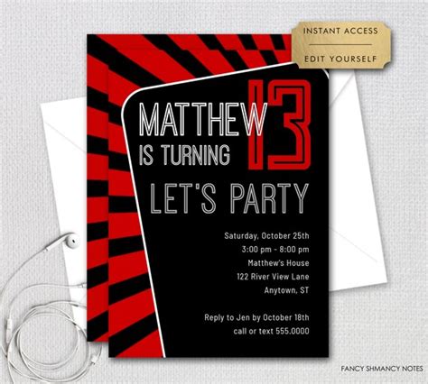 13th Birthday, Any Age, Teen Boy Red Black Editable Invitation, Custom Colors, Text/Print ...