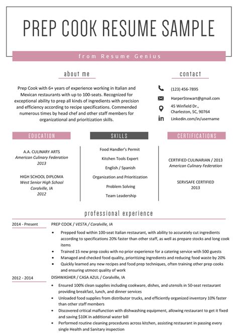 Prep Cook Resume Example & Writing Tips | Resume Genius | Resume ...