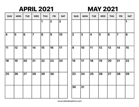 April and May 2021 Calendar – Calendar Options