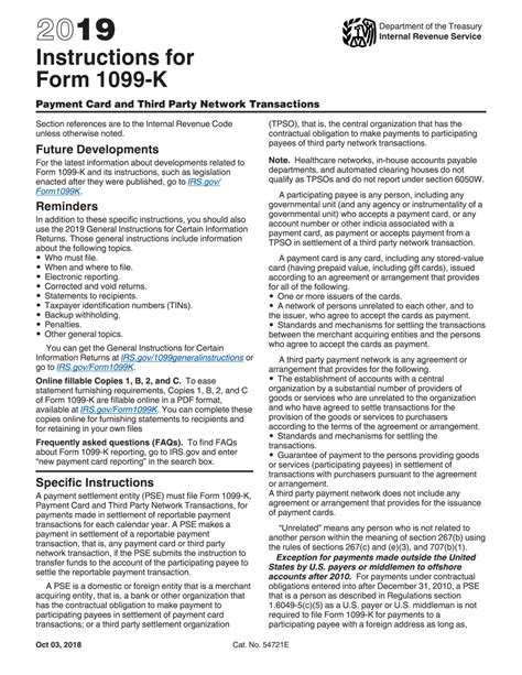 Electronic IRS Form Instructions 1099-K 2019 - 2020 - Printable PDF Sample