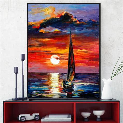 Sunset Oil Painting Print Canvas Multicolor Artwork Sailboat Knife Canvas Painting Seascape ...