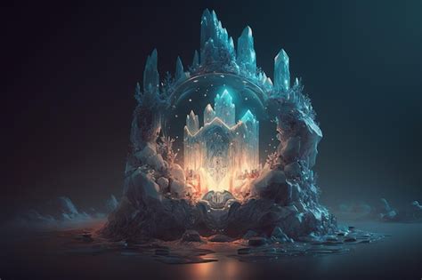 Premium AI Image | A frozen castle with a blue light and a glowing ice cube inside.