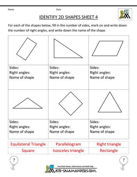 Identify 2D Shapes Sheet 4 | Geometry worksheets, 2nd grade worksheets ...