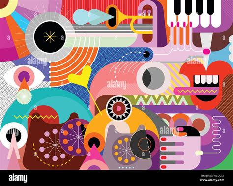 Art design with trumpet, piano keyboard and obsolete phones vector illustration. Abstract ...