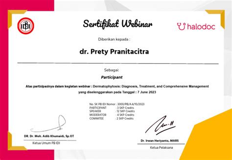 Sertifikat Webinar Halodoc Dermatophytosis - Diagnosis, Treatment, and Comprehensive Management ...