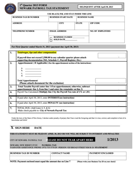 Newark Payroll Tax Statement Form - 2013 printable pdf download