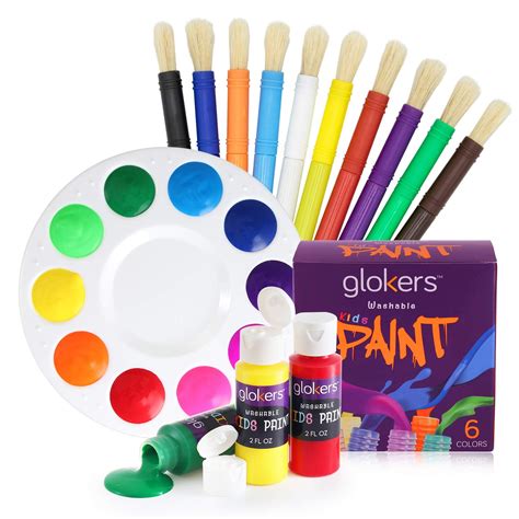 glokers 10-Piece Kids Paint Brushes Set with Washable Paint and Palette - 10 Easy to Clean Round ...