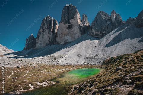 Tre Cime de Lavaredo ("three peaks of Lavaredo") mountains with the Laghi dei Piani lakes in the ...