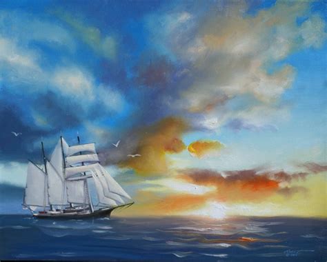 CLIPPER SHIP sunset seascape painting by RUSTY RUST 24x30 oils on ...