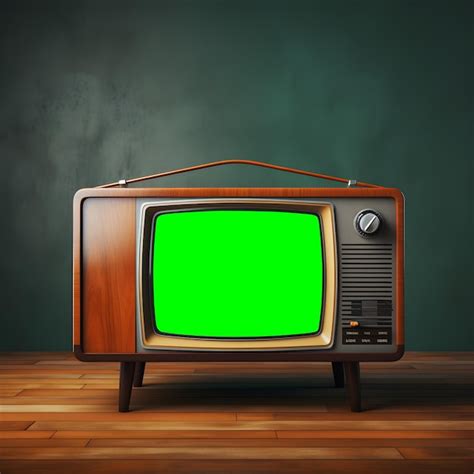 Premium AI Image | Vintage Old Television Green Screen mockup on Wooden table in Retro Living Room