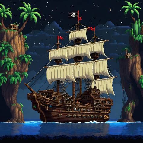 Premium AI Image | Retro Pixel Art of a Pirate Ship Explorer in a Tropical Paradise