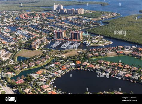 Aerial view of city and gulf Cape Coral, Florida. The Westin Cape Coral Resort at Marina Village ...