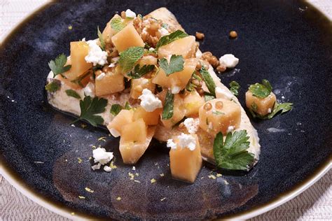 Sous Vide Halibut with Melon and Wheat Berries Recipe