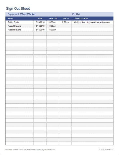 Download the Equipment Sign Out Sheet from Vertex42.com Sign Out Sheet ...