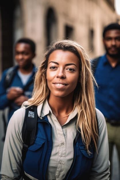 Premium AI Image | Portrait of a young female tour guide standing outside with her clients ...