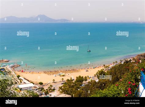 The beach in Sidi Bou Said on the Mediterranean sea. View from the hill in Tunisia Stock Photo ...