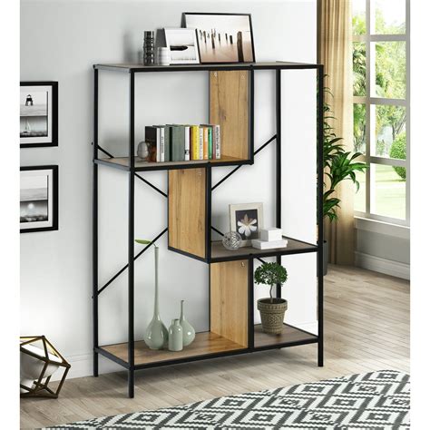 URHOMEPRO 4 Tier Rustic Industrial Bookshelf, Metal Frame Storage Shelf Bookcase Standing Racks ...