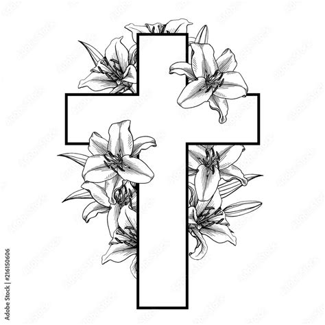 Funeral cross with white lilly flowers. Vector. Stock Vector | Adobe Stock