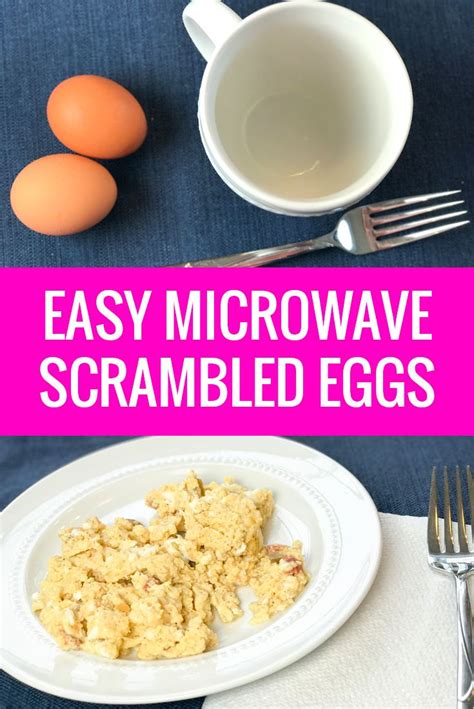 easy microwave scrambled eggs on a white plate next to a bowl of eggs ...