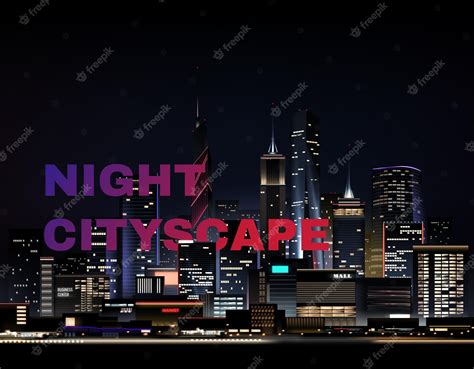 Paisaje urbano nocturno realista con rascacielos y texto | Vector Premium