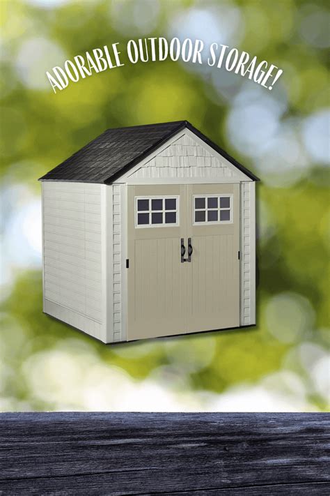 an outdoor storage shed with the words, adorable outdoor storage? on it's side