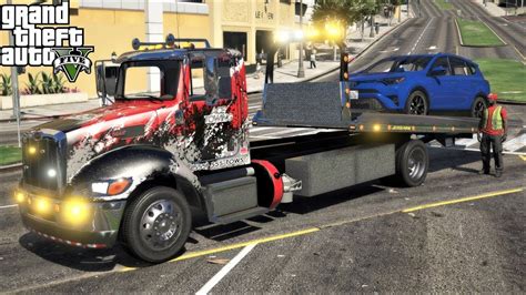 GTA 5 Real Life Mod #210 Peterbilt 337 Flatbed Rollback Tow Truck Towing For The Police ...