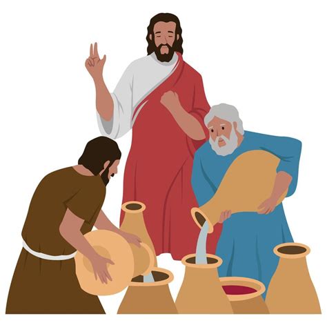 Jesus is doing the miracle of turning water into wine, cute cartoon ...