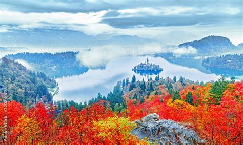 Bled, Slovenia. Autumn. Mountain lake Bled, famous and popular travel ...