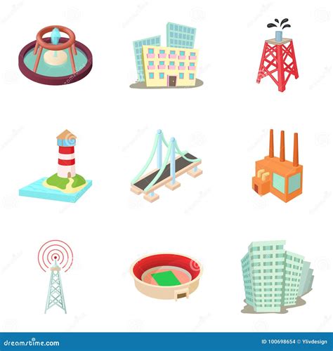 Urban Infrastructure Icons Set, Cartoon Style Stock Vector - Illustration of factory, material ...