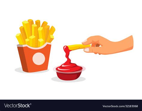 Hand dip french fries to tomato sauce Royalty Free Vector