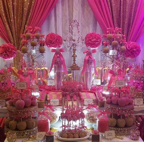 Fuschia Pink and Gold Wedding Sweets Table with Chocolate Candy Apples, Cake Pops, and Assorted ...