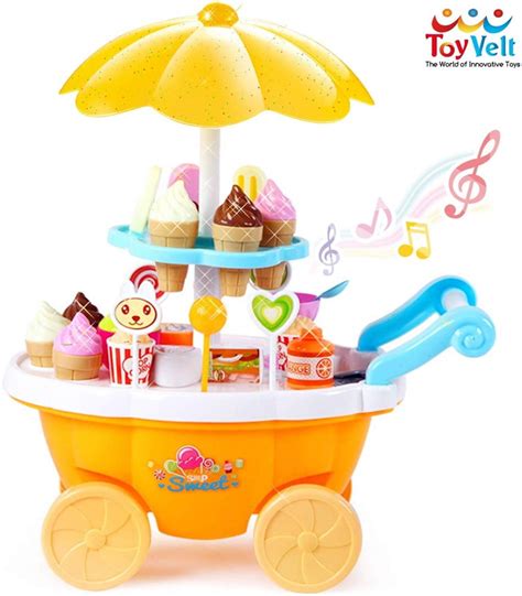 ToyVelt Ice Cream Toy Cart Play Set for Kids - 39-Piece Pretend Play Food - Educational Ice ...