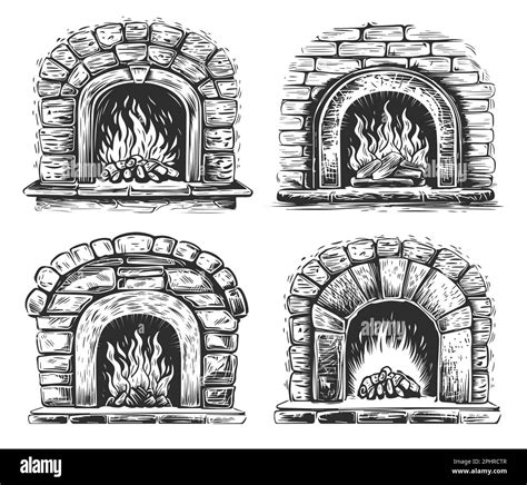 Firewood burns in a brick oven. Warm fire in stone fireplace, set. Illustration in sketch style ...