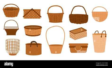 Wicker baskets. Handmade woven straw containers for grocery shopping, traditional rural picnic ...