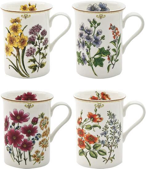 Grace Teaware Bone China Coffee Tea Mugs 9-Ounce, Assorted Set of 4 (4 Assorted Botanicals ...