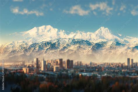 View over Almaty with snow capped mountains in the background, Almaty ...