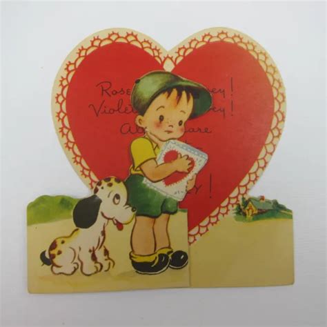 VINTAGE VALENTINE BOY & Dalmatian Puppy Dog Red Heart Card Foldout Americard $9.99 - PicClick