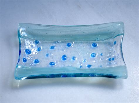 The River - A hand made fused glass soap / trinket / small sushi dish in a range of blues set on ...