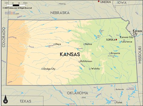 Geographical Map of Kansas and Kansas Geographical Maps