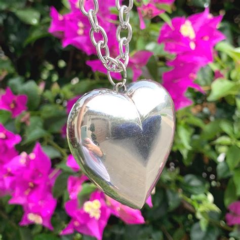 Sterling Silver Large Puff Heart Pendant Long Oval Link Chain | Etsy